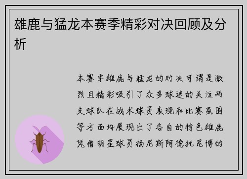雄鹿与猛龙本赛季精彩对决回顾及分析